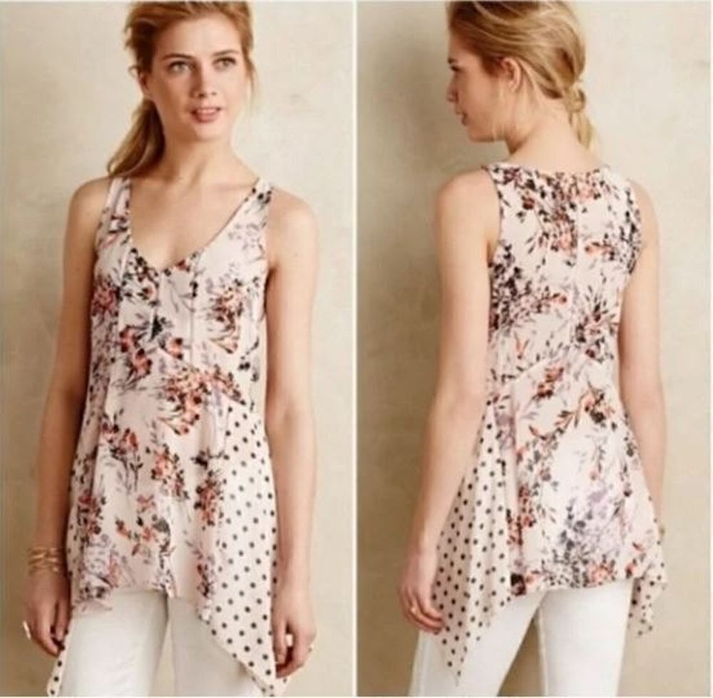 Anthropologie Vanessa Virginia Pink Floral Garden Pop Hankerchief Top Sz Medium